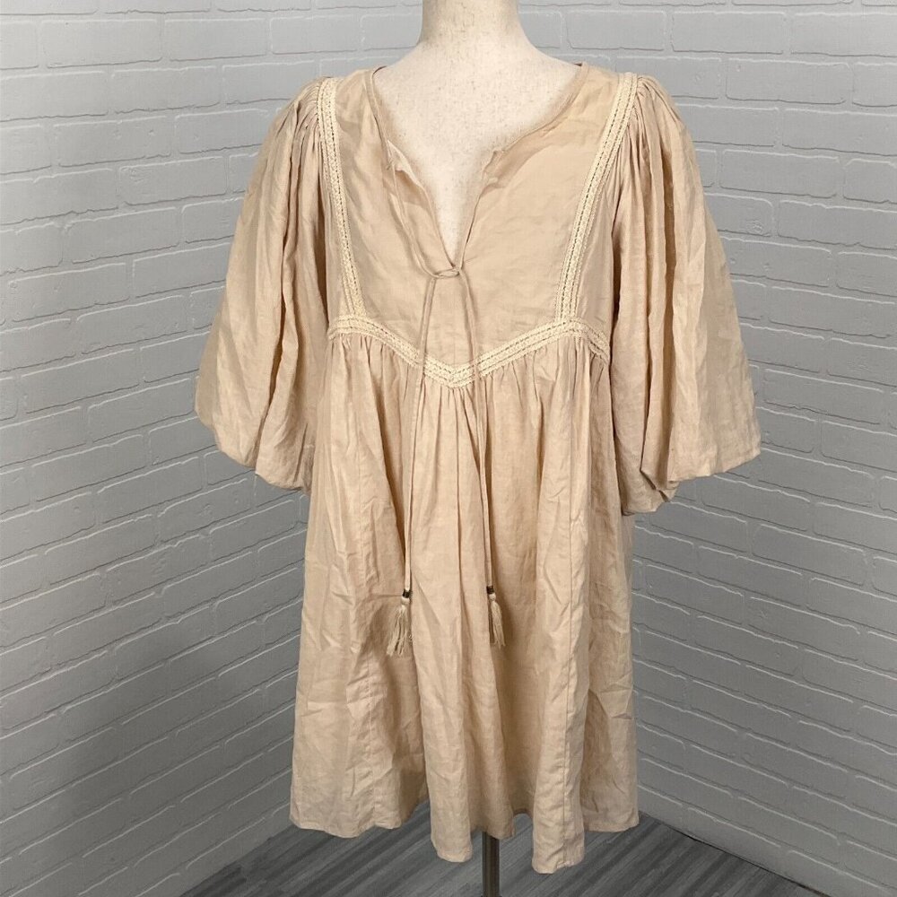 Luminary Dress Women M Beige Smock Lace Prairie Bishop Tassle‎ Boho Lagenlook